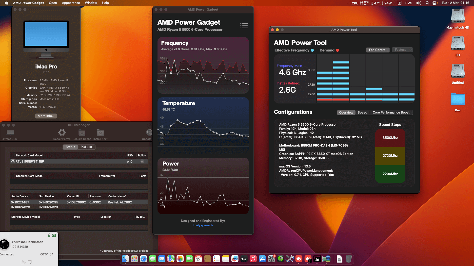 Success Hackintosh macOS Ventura 13.5 Build 22G74 in MSI B550M Pro + AMD Ryzen 5 5600 + Sapphire RX 6650 XT